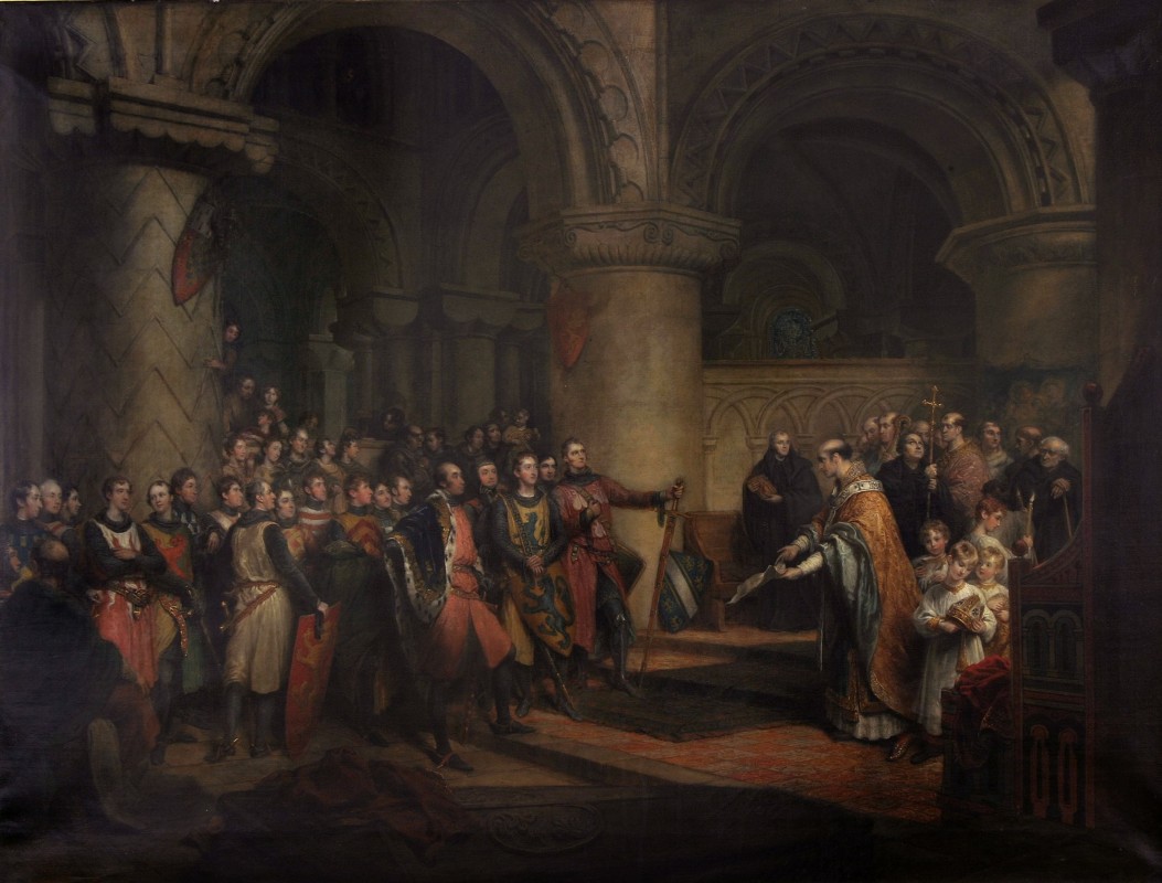 <i>Archbishop of Canterbury, shewing to the Barons of England, in the Abbey of St Edmund at Bury, the Charter of Liberties that had been granted by King Henry I, and on which the Great Charter of King John was subsequently founded</i>, 1816–17, oil on canvas, 115 x 150 cm. Private collection.